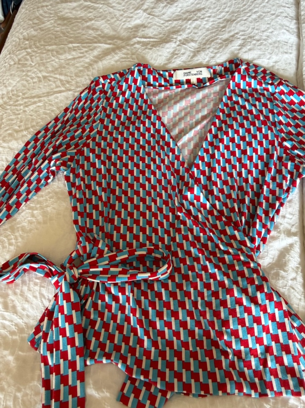 Diane Von Furstenberg Red and Light Blue Geometric Wrap Top